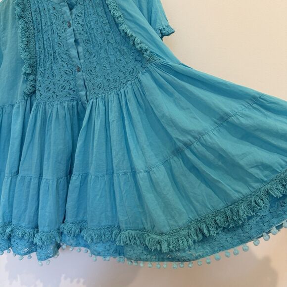 Antica Sartoria By Giacomo Cinque Blouse Size 12 Blue Lace Pom Poms Ruffle Swing - Picture 4 of 14